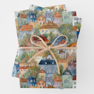 FEUILLE DE PAPIER CADEAU VILLAGES ET MAISONS BLANCS CADEAUX