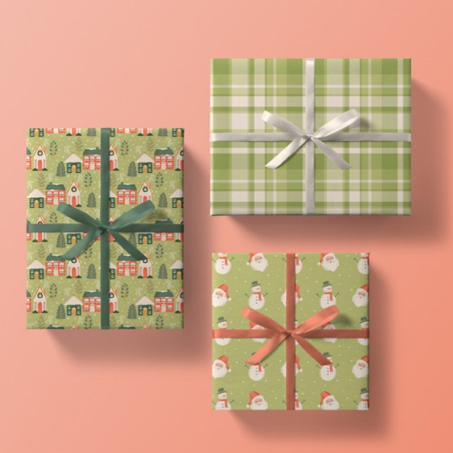 Feuille De Papier Cadeau Ville de Noël hivernale, Père Noël, Frosty, Plaid  (Créateur téléchargé)