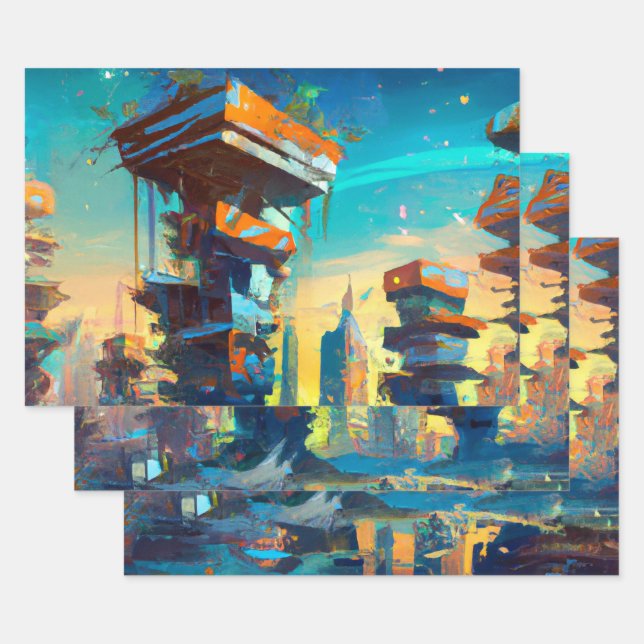 Feuille De Papier Cadeau Ville dystopique futuriste, peinture générée par l (Lot)