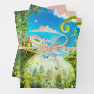 Feuille De Papier Cadeau Ville Plante colorée futuriste, Art généré par l'I