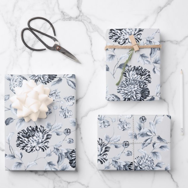 Feuille De Papier Cadeau Vin Floral Dahlias Argent Sur Pearl Grey (Recto)