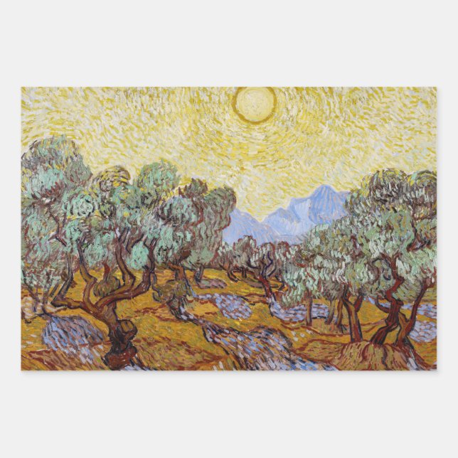 Feuille De Papier Cadeau Vincent van Gogh - Oliviers, Ciel Jaune et Soleil (Devant)