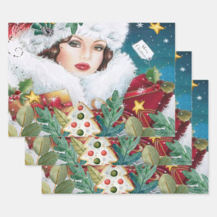 Feuille De Papier Cadeau Vintage belle femme de Noël