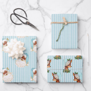 Feuille De Papier Cadeau Vintage Black Père Noël & Reindeer Turquoise Strip