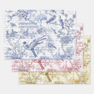 Feuille De Papier Cadeau Vintage Bleu Rouge Oiseaux Fleurs Script français