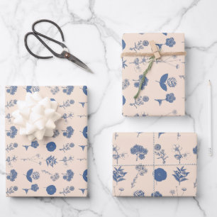 Feuille De Papier Cadeau Vintage Botanique Floral Illustration Motif Bleu