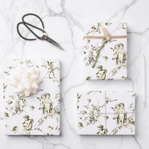 Feuille De Papier Cadeau Vintage Cherub Cupid Angels Floral Beige Toile