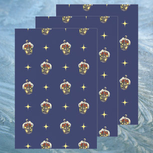 Feuille De Papier Cadeau Vintage Christmas Pattern with a Lantern on Blue