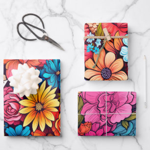 Feuille De Papier Cadeau Vintage floral coloré en gras inspiré