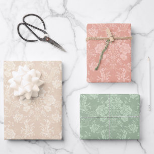 Feuille De Papier Cadeau Vintage Floral Damask-Pastel Pêche, Vert, Crème