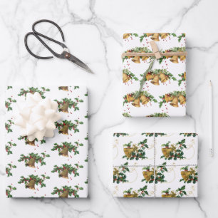 Feuille De Papier Cadeau Vintage Gold Bells et Holly Christmas