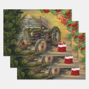 Feuille De Papier Cadeau Vintage Green Tractor Grange Noël