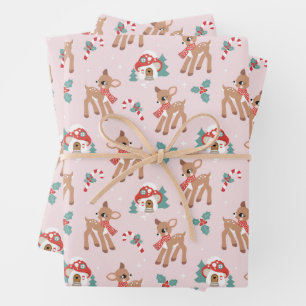 Feuille De Papier Cadeau Vintage Noël Cerfs et champignons Maisons Motif