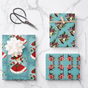 Feuille De Papier Cadeau Vintage Noël cloches vertes rouge parties scintill