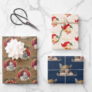 Feuille De Papier Cadeau Vintage Noël Fun Nostalgale Père Noël Cat Angel