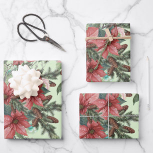 Feuille De Papier Cadeau Vintage Noël Poinsettia Fleurs et Pinecones