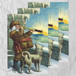 Feuille De Papier Cadeau Vintage Noël Santa Claus Telescope Chien Sunset