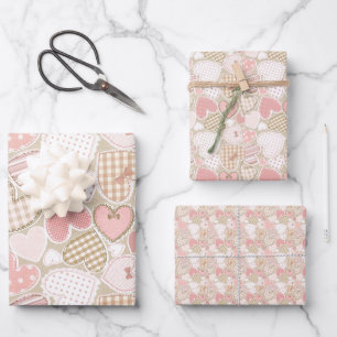 Feuille De Papier Cadeau Vintage Patchwork Coeurs Artisanat Thème