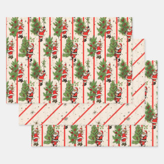 Feuille De Papier Cadeau Vintage Père Noël Holly et Stripes