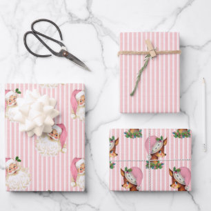 Feuille De Papier Cadeau Vintage Père Noël & Reindeer Pink Stripe