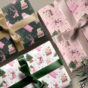 Feuille De Papier Cadeau Vintage Père Noël Retro rose Noël Monogramme perso
