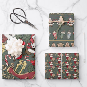 Feuille De Papier Cadeau Vintage Retro Met Noël Vert
