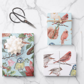 Feuille De Papier Cadeau Vintage Rouge Poinsettia Oiseaux d'hiver Noël