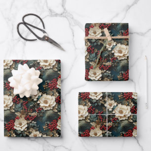 Feuille De Papier Cadeau Vintage rustique rétro 3D poinsettia de Noël