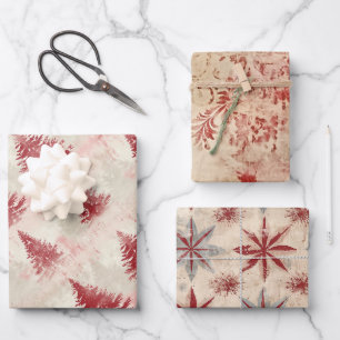 Feuille De Papier Cadeau Vintage Shabby Chic Noël Rouge Mix Trio