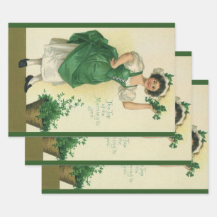 Feuille De Papier Cadeau Vintage St. Patrick's Day Irish Lass avec Clovers