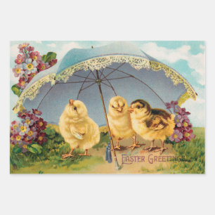 Feuille De Papier Cadeau Vintages petits de Pâques sous un parasol