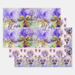 Feuille De Papier Cadeau Viola violet Pansies fleur Aquarelle Amour