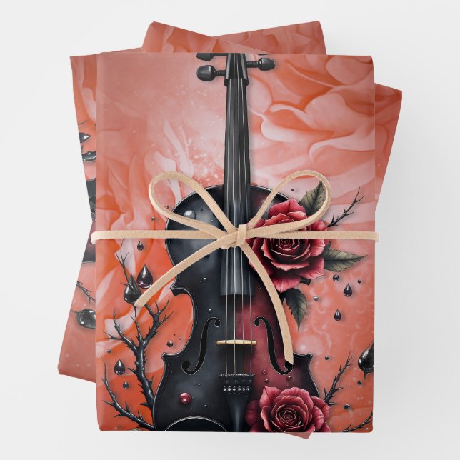 Feuille De Papier Cadeau Violon noir gothique aux roses rouges (En situation)