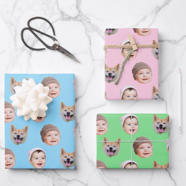 Feuille De Papier Cadeau Visage bébé personnalisé, famille personnalisée 3  (Recto)