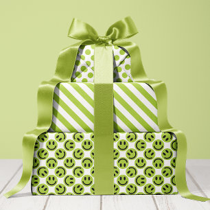 Feuille De Papier Cadeau Visage Heureux Vert Rayures et Points