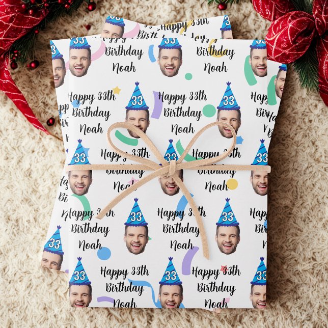 Feuille De Papier Cadeau Visage personnalisé 20e 30e 40e 50e 60e 70e Annive (Créateur téléchargé)