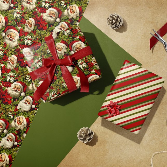 Feuille De Papier Cadeau Visages du Père Noël rétro et Holly (Créateur téléchargé)