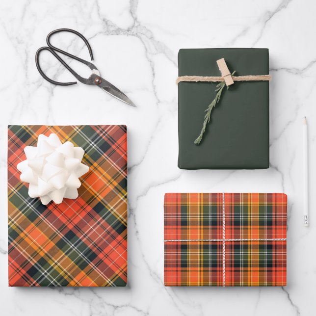 Feuille De Papier Cadeau Vivid Orange, Vert & Or Plaid (Recto)