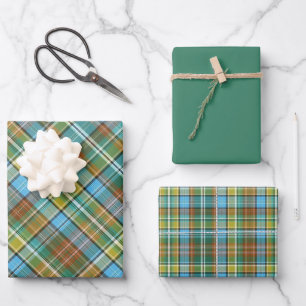 Feuille De Papier Cadeau Vivid Vert, Jaune, Orange Brûlé & Plaid Bleu