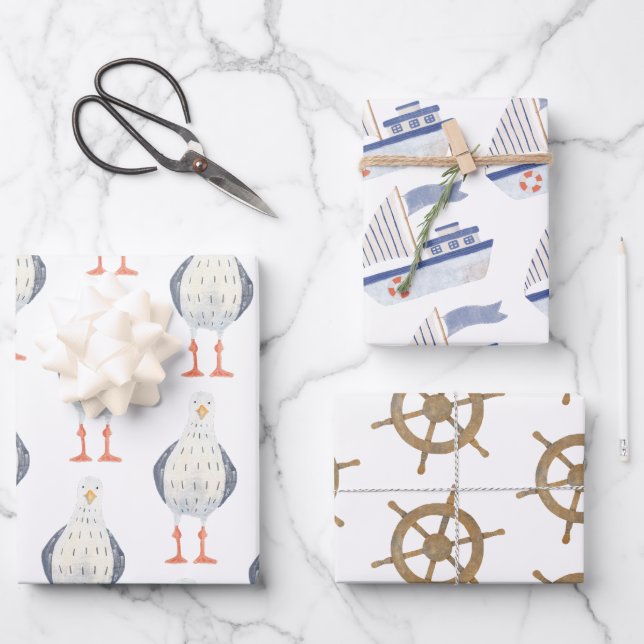 Feuille De Papier Cadeau Voilier À Thème Nautique (Recto)