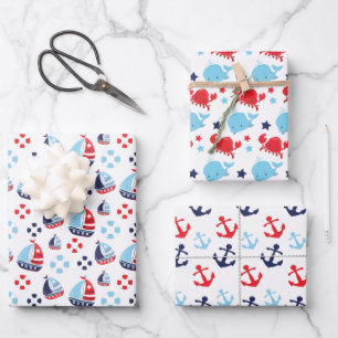Feuille De Papier Cadeau Voiliers nautiques, Ancres et Motif baleines