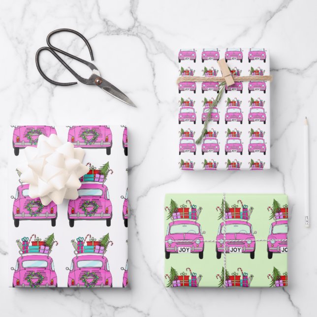 Feuille De Papier Cadeau Voiture rose avec cadeaux de Noël (Recto)