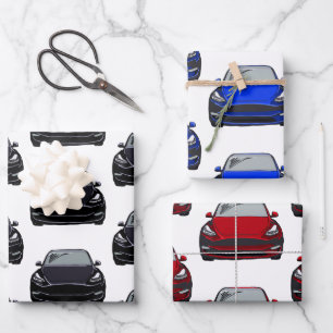 Feuille De Papier Cadeau Voiture SUV électrique rouge, noir et bleu