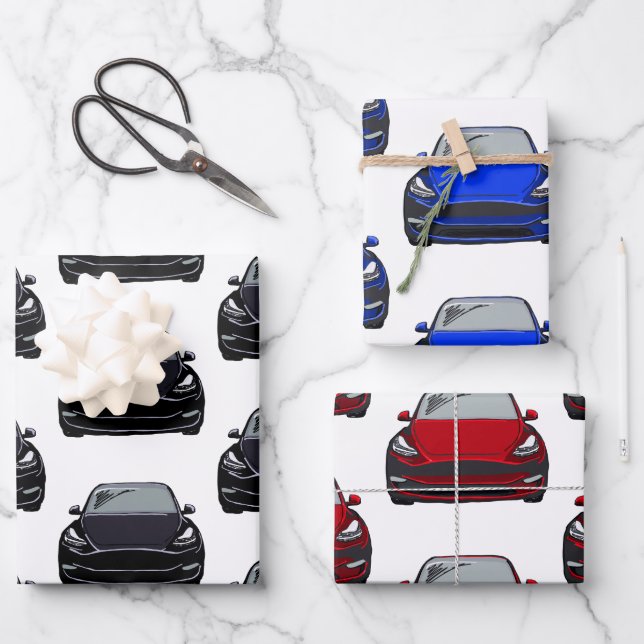 Feuille De Papier Cadeau Voiture SUV électrique rouge, noir et bleu (Recto)