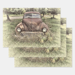 Feuille De Papier Cadeau Voiture Vintage Antique Vieux Rustique Sepia Décou