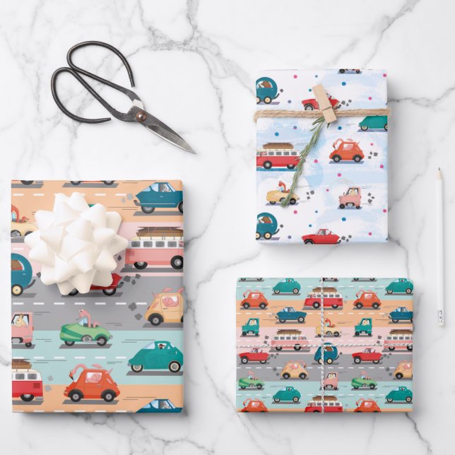 Feuille De Papier Cadeau Voitures amusantes motif avec animaux conduisant (Recto)