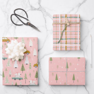 Feuille De Papier Cadeau Voitures de Noël rose Bois de Noël