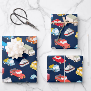 Feuille De Papier Cadeau Voitures et camions vintage bleu foncé 