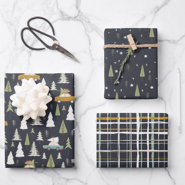 Feuille De Papier Cadeau Voitures rétro Noël Bois Arbres Gris Noir  (Recto)