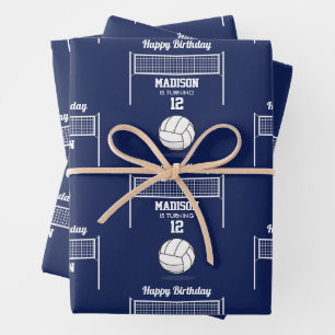 Feuille De Papier Cadeau Volleyball Ball & Net Marine Blue Anniversaire Nom